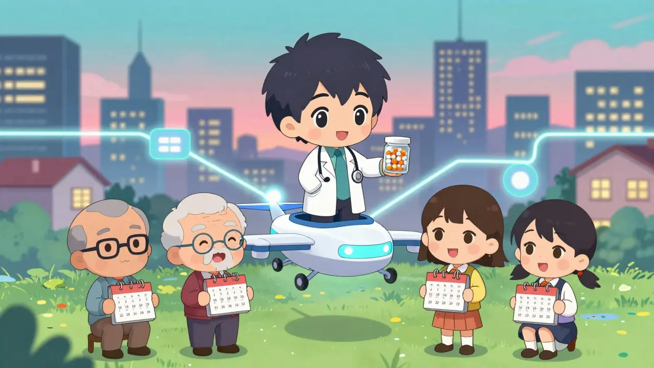 Tiny pharmacist on a drone delivers synced medication to diverse patients in a glowing city.