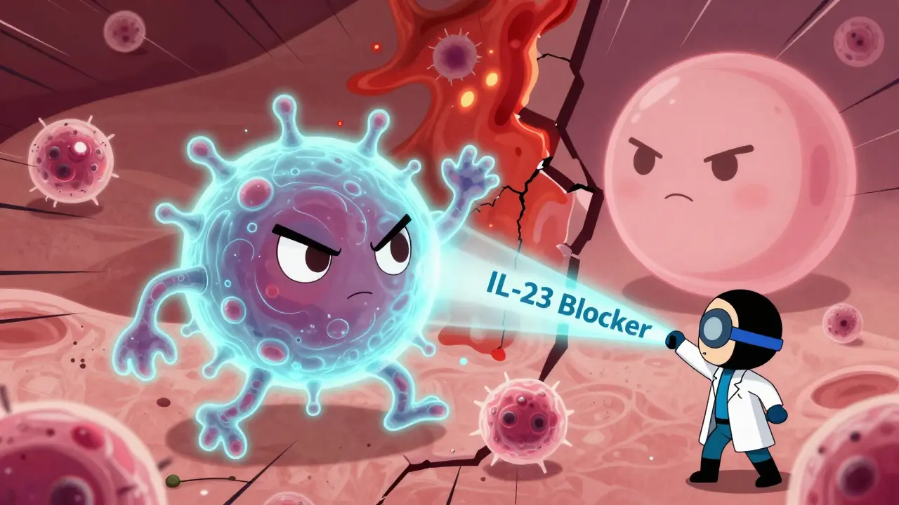 Tiny superhero biologic drug fighting immune monster attacking skin cells in vibrant anime style.