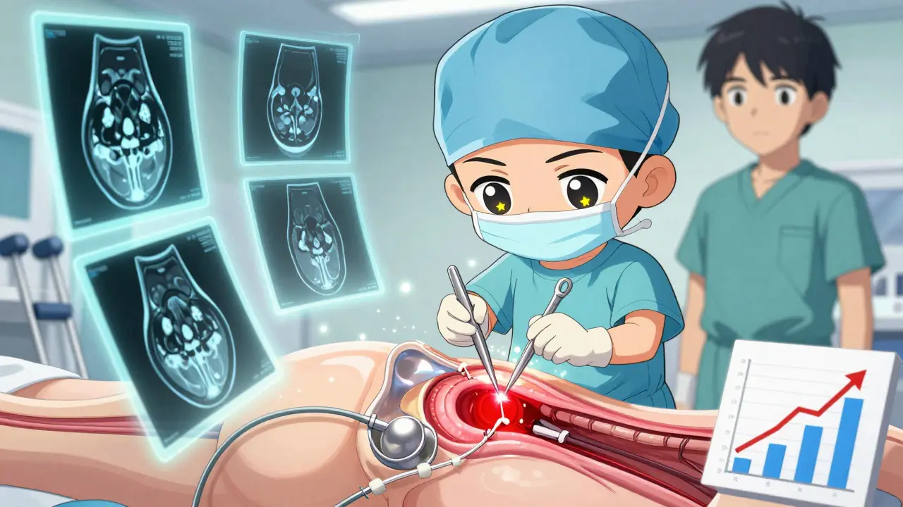 Tiny surgeon repairing a glowing hip labrum during arthroscopy with holographic MRI slices.