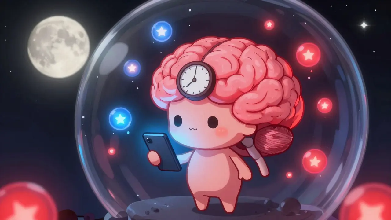 A cartoon brain with glowing cells reacting to blue vs. red light, set inside a transparent skull under a night sky.