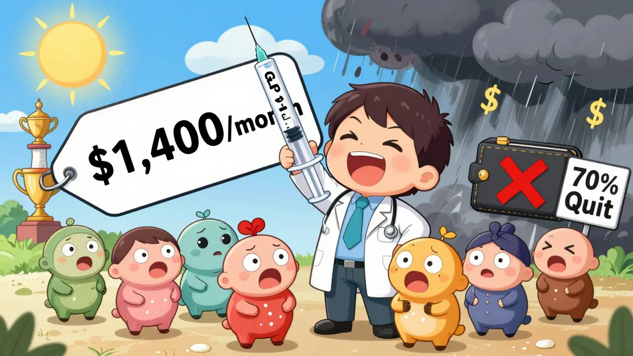 A doctor holding a GLP-1 syringe while patients react with joy and discomfort, surrounded by price tags and nausea clouds.