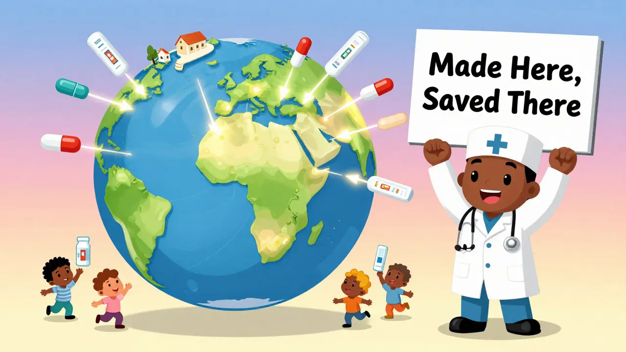 A glowing Africa sending medicine arrows to villages in a joyful manga-style globe.