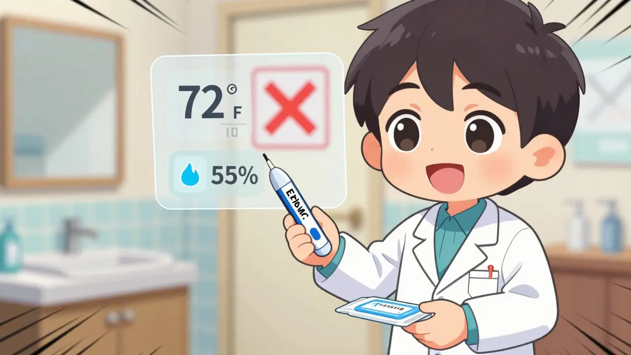 A pharmacist giving fresh meds while a bathroom with 'NO!' sign fades in the background.