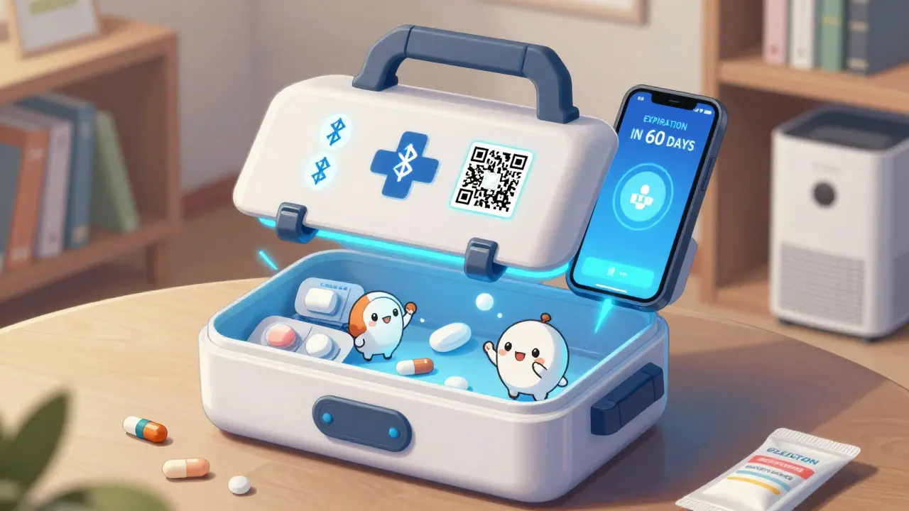 A smart first-aid kit glowing with expiration alert, sending a notification to a phone.