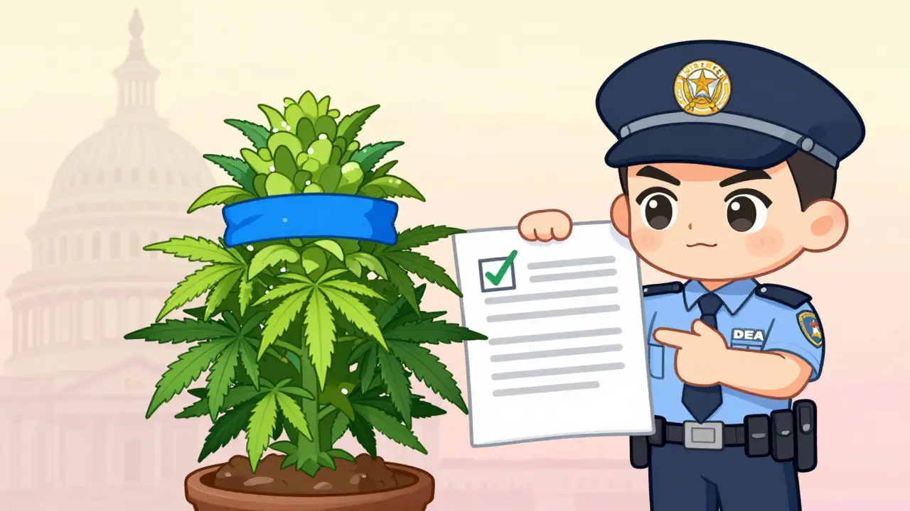 Chibi cannabis plant with blue band and checkmark near Capitol silhouette.