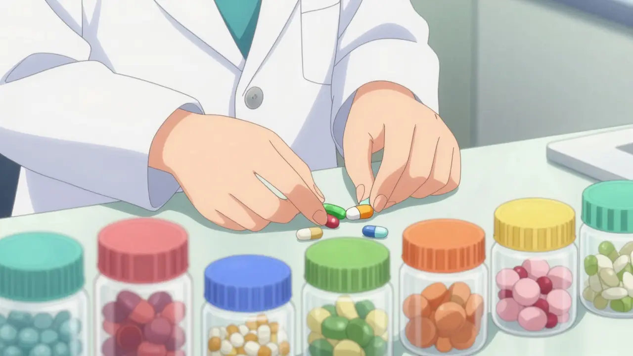 Chibi pharmacist sorting multicolored pills into different containers.