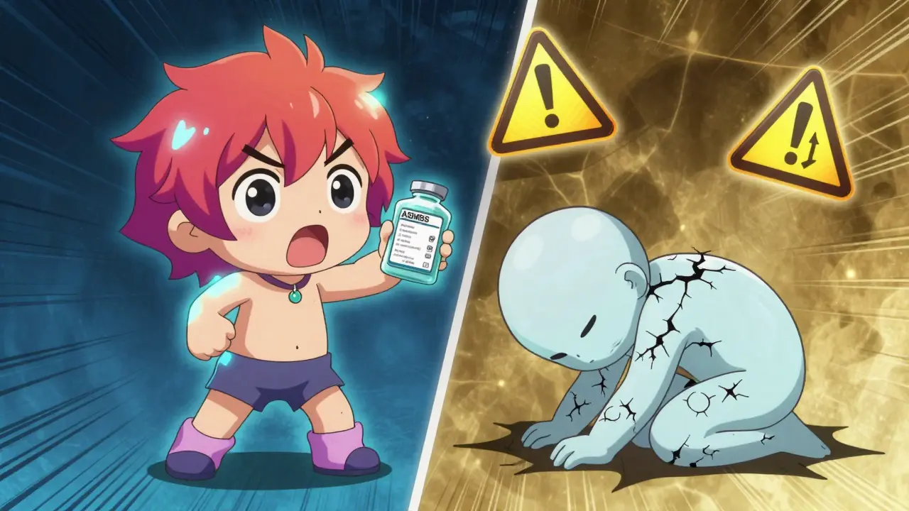 Contrasting chibi characters: one healthy with glowing vitamins, another frail showing deficiency symptoms.
