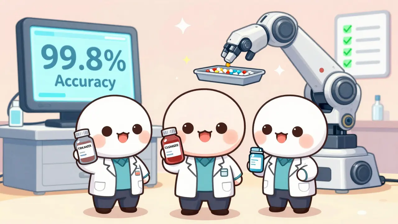 Cute pharmacy robots dispense pills with high accuracy, glowing monitors showing perfect results in the background.