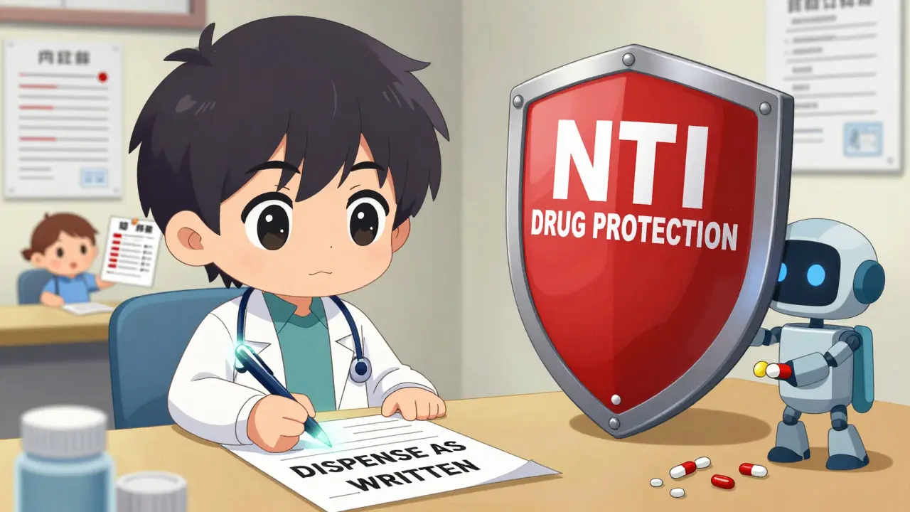 Doctor writes 'dispense as written' as a shield blocks a pill-swapping robot.