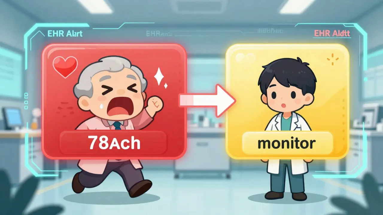 Dynamic EHR warning changing from red to yellow based on patient age and lab data in chibi anime style.