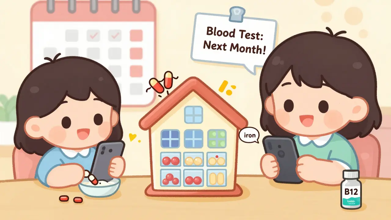 Patient using phone reminders to take vitamins at different times with animated nutrient sprites.