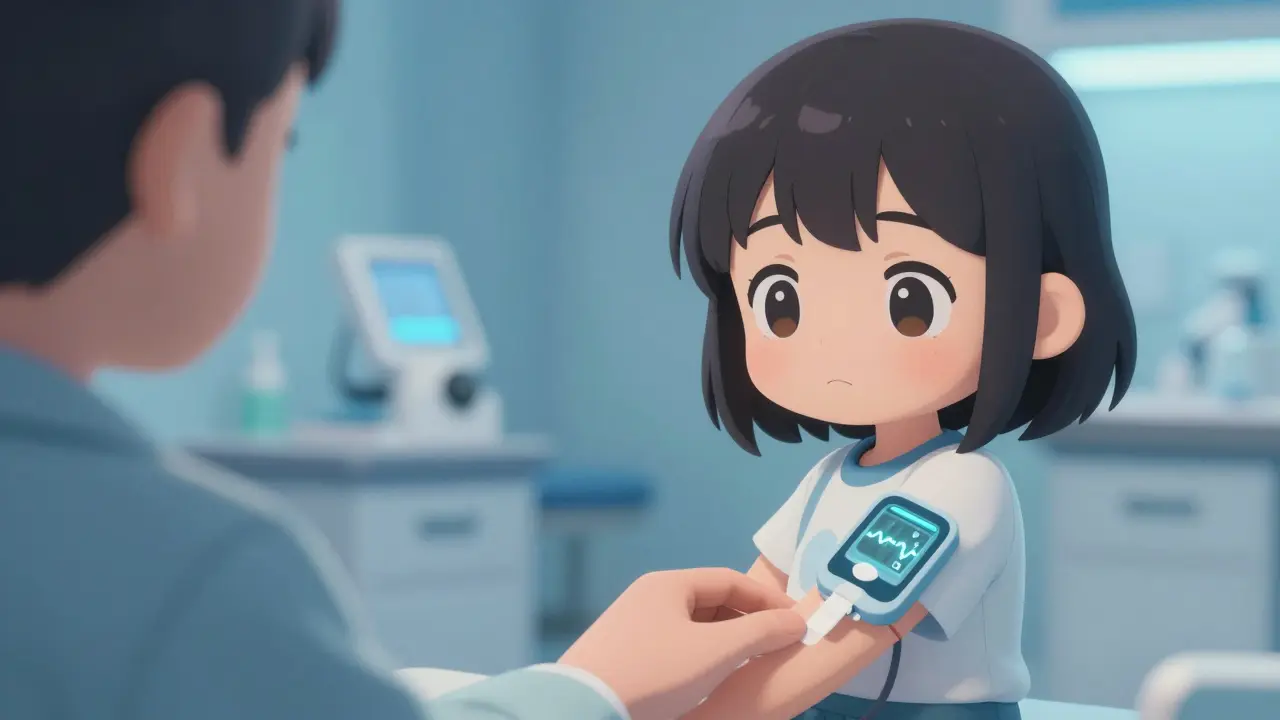 Patient wearing continuous glucose monitor displaying blood sugar trends.