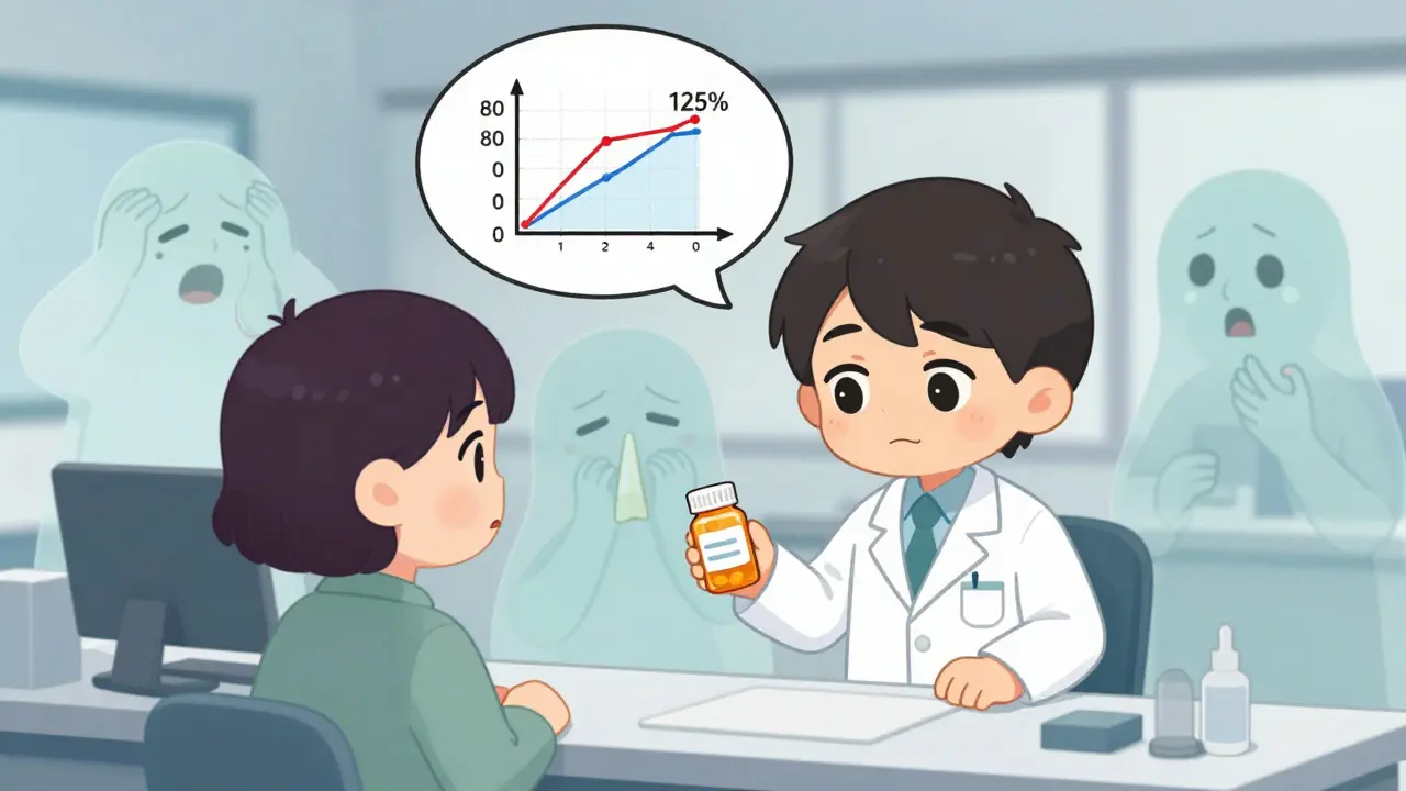 Pharmacist handing a pill bottle while ghostly symptoms appear behind them.