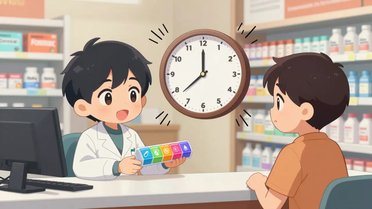 Pharmacist handing patient a timed pill organizer with visual cues