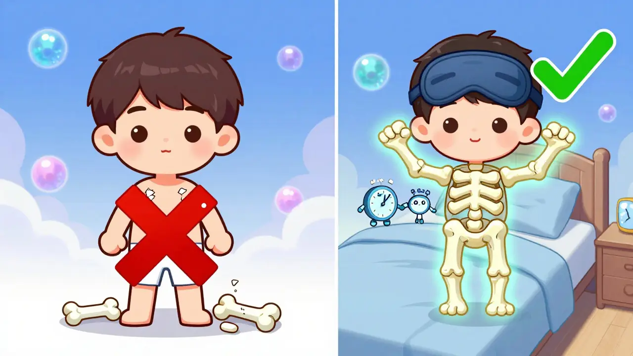 Split scene: wrong timing causes bone damage vs correct timing strengthens bones