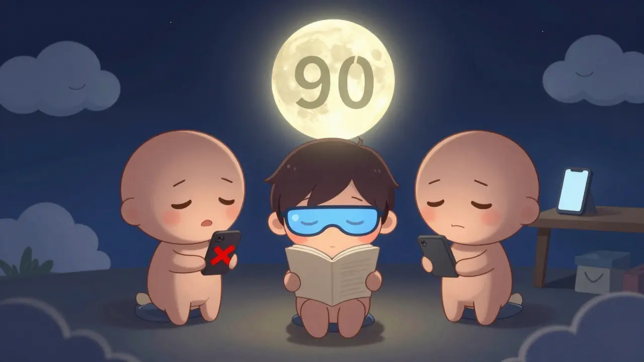 Three chibi figures demonstrating screen-free bedtime habits: phone away, glasses on, book in hand, under a glowing moon.