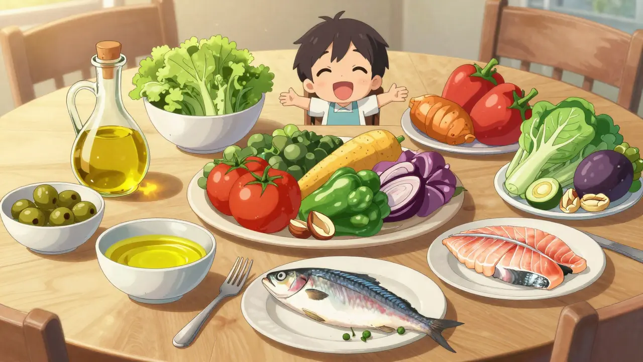 Chibi character sitting before a table of fresh Mediterranean food.