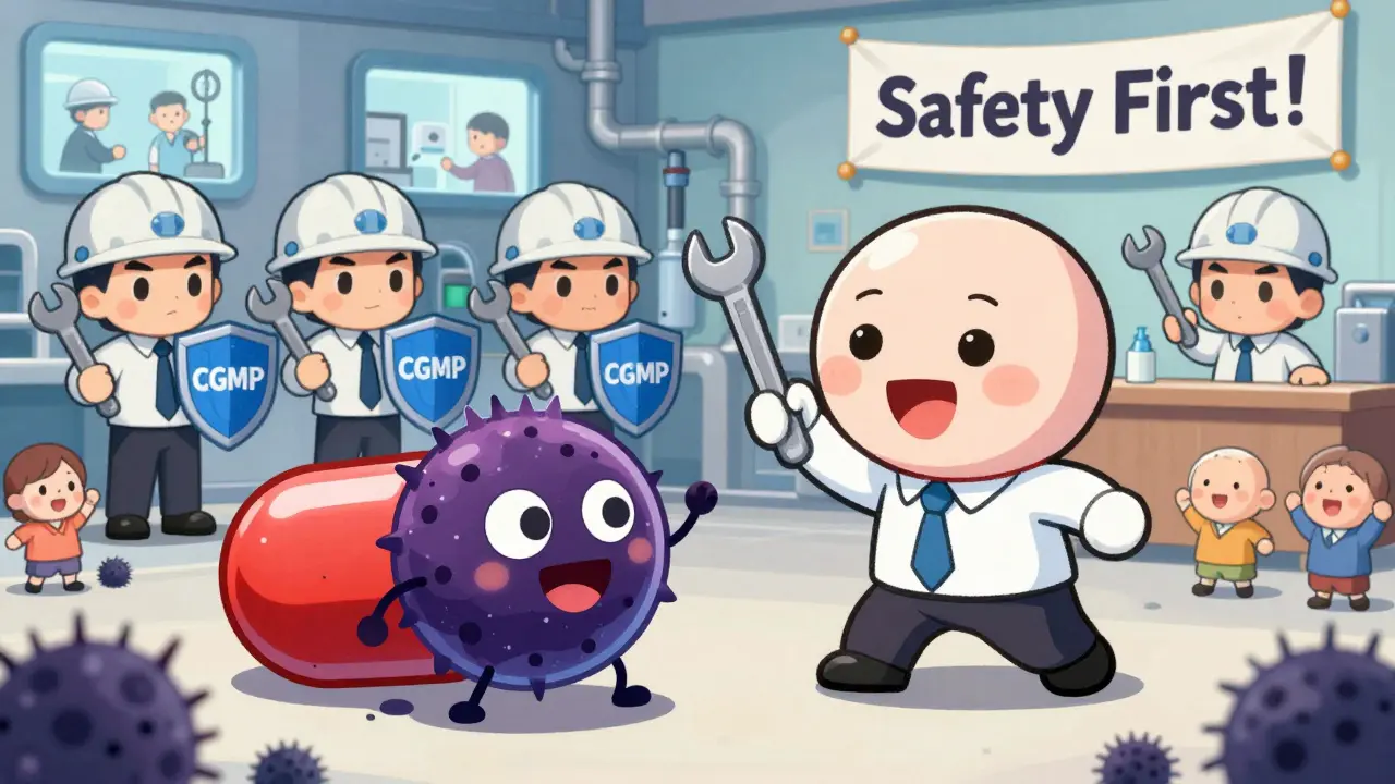 Chibi FDA agents protect a drug factory from a mold spore, with patients cheering in the background.