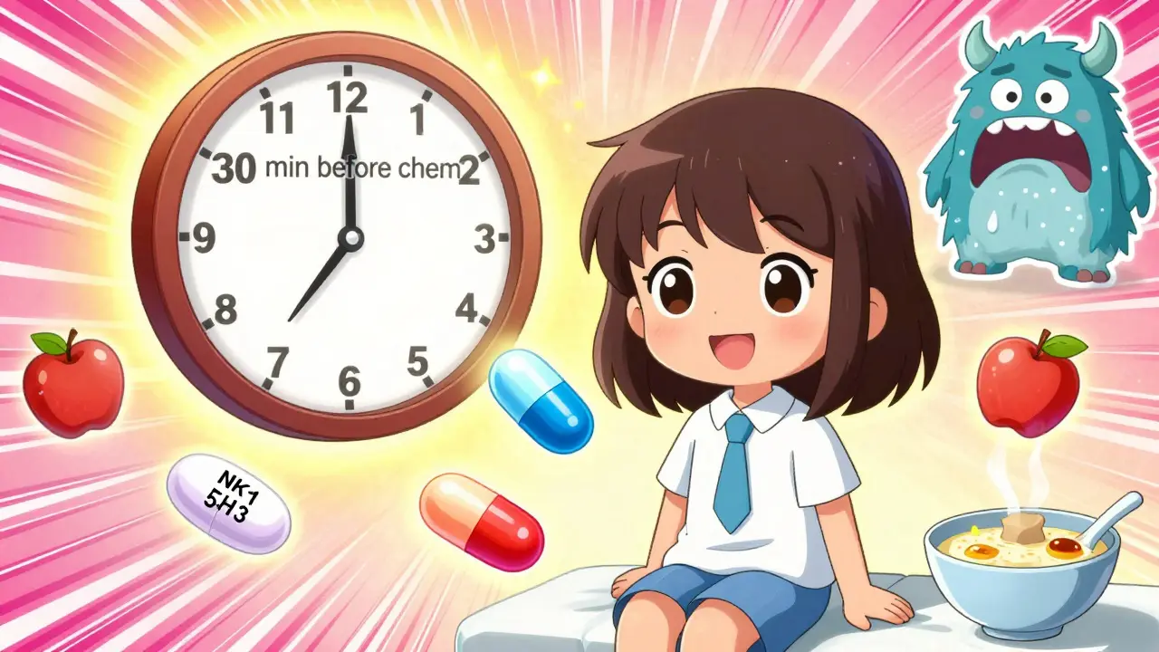 Chibi patient surrounded by antiemetic pills as magical charms, nausea monster shrinking during chemo.