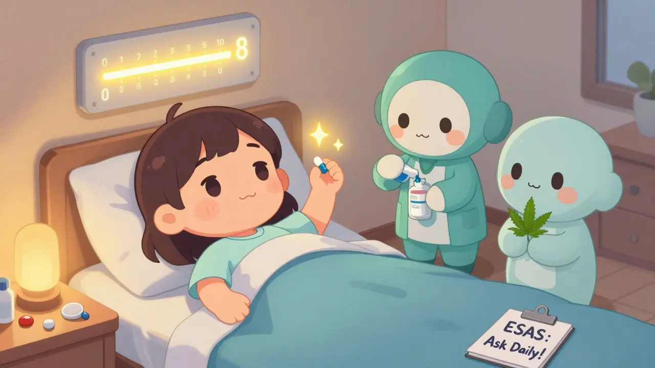 Chibi patient with glowing pain scale and three healers offering pain relief options: pill, sparkles, and cannabis leaf.