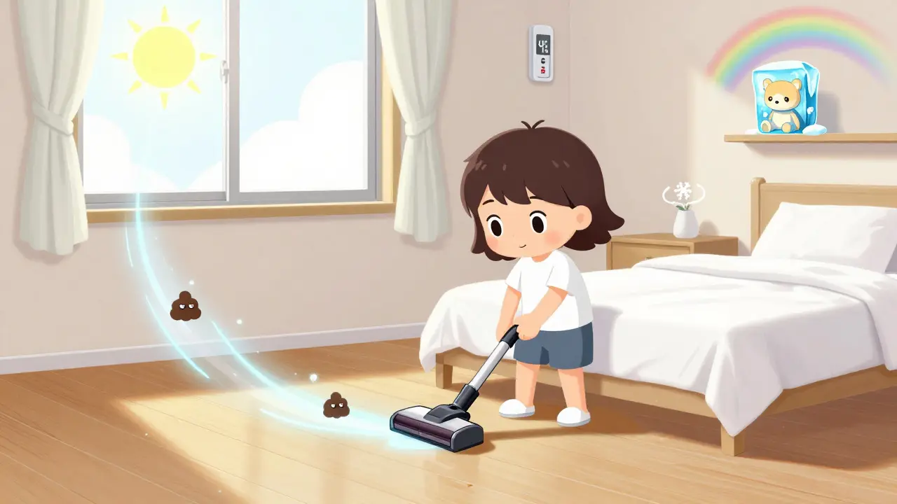 Chibi vacuum robot cleaning floor while dust mite allergens are captured, in a dry, allergen-free room.