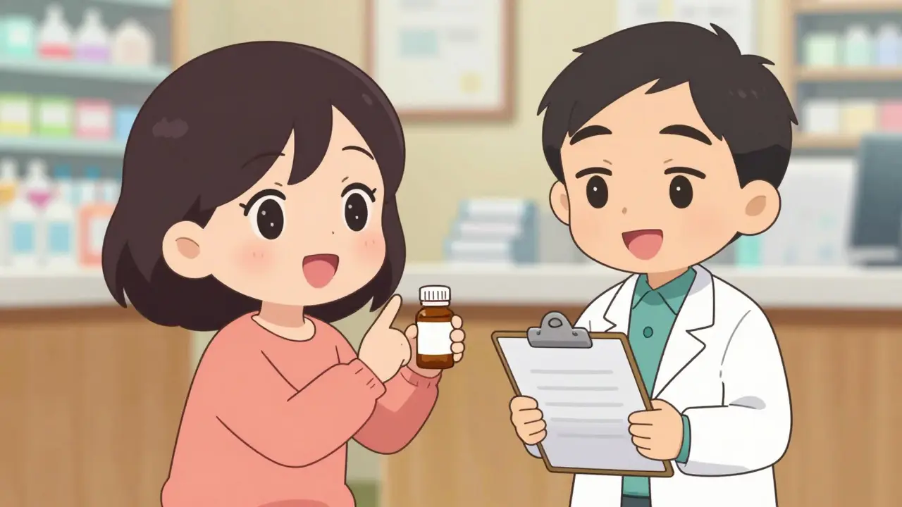 Confident chibi patient asking questions to a smiling pharmacist at the counter.