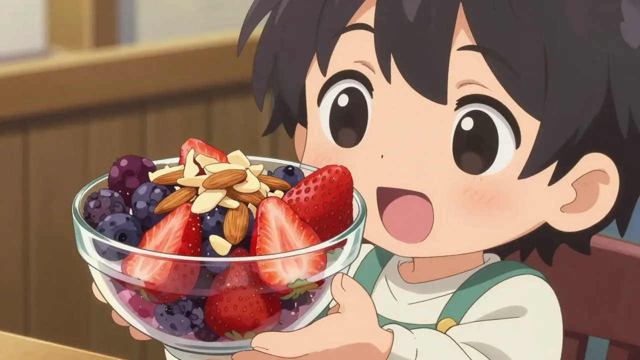 Cute character holding a bowl of mixed berries and almonds.