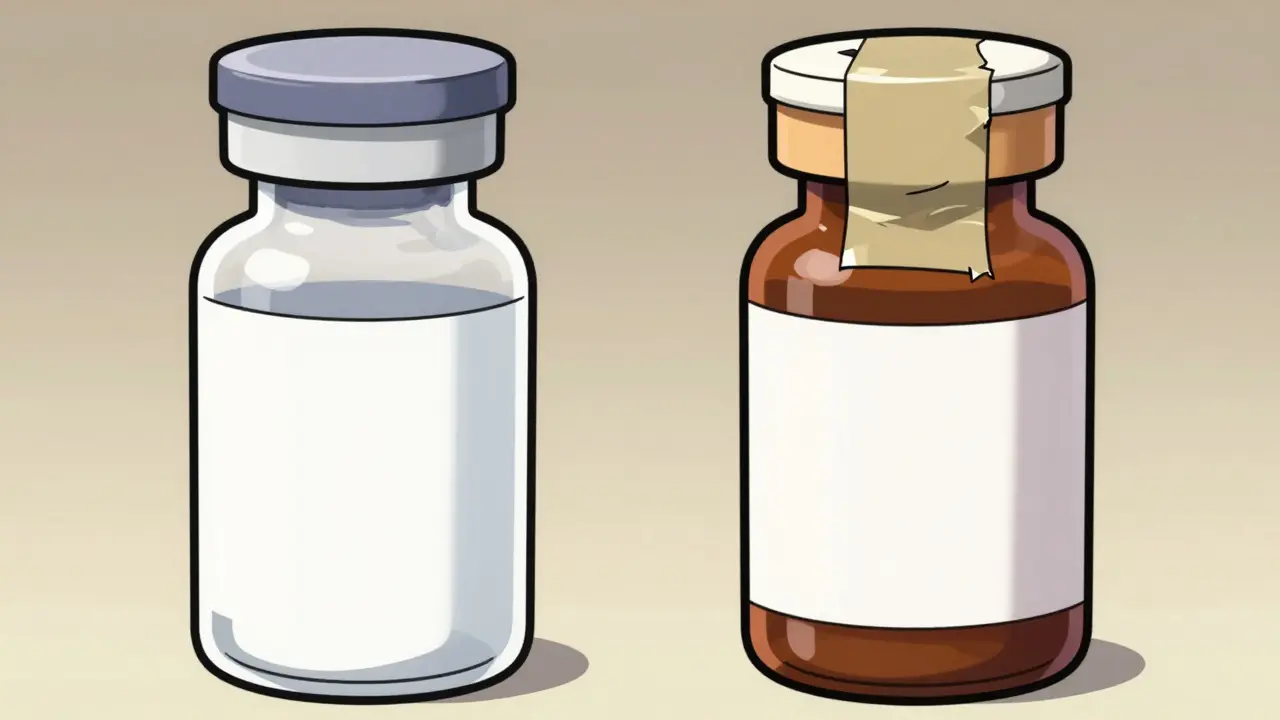 Genuine and fake medicine bottles compared side by side visually.