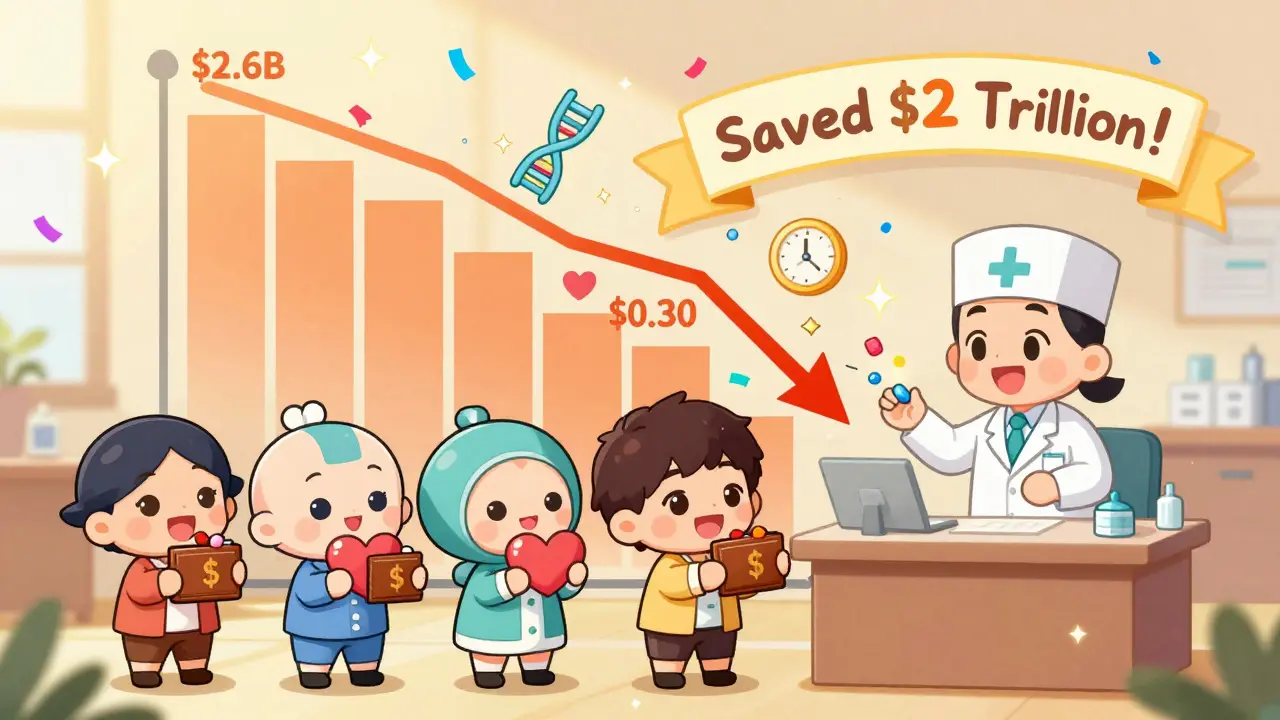 Happy patients receiving affordable generic pills as a price graph plummets with confetti.