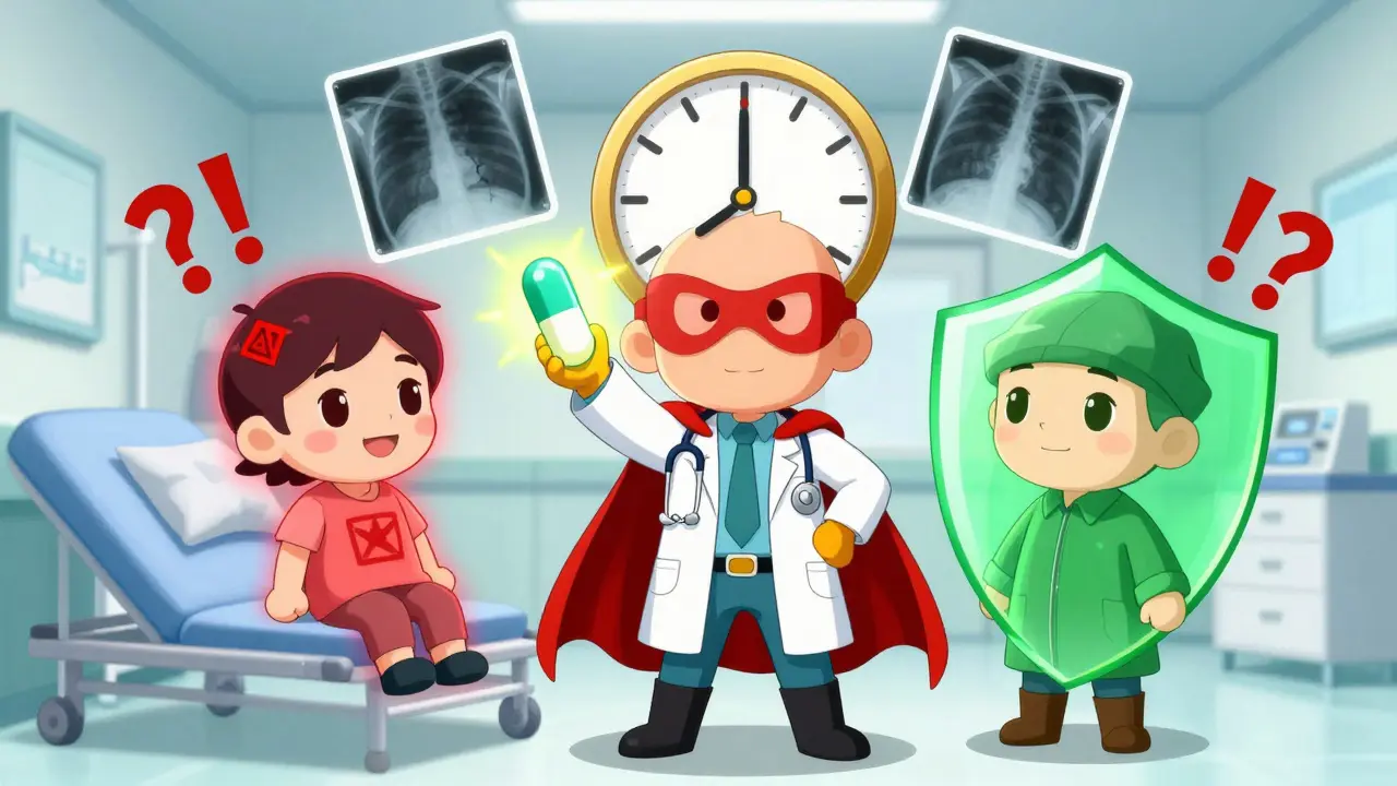 Medical hero holding a glowing 4-month TB treatment pill, protecting patients on different TNF inhibitors.