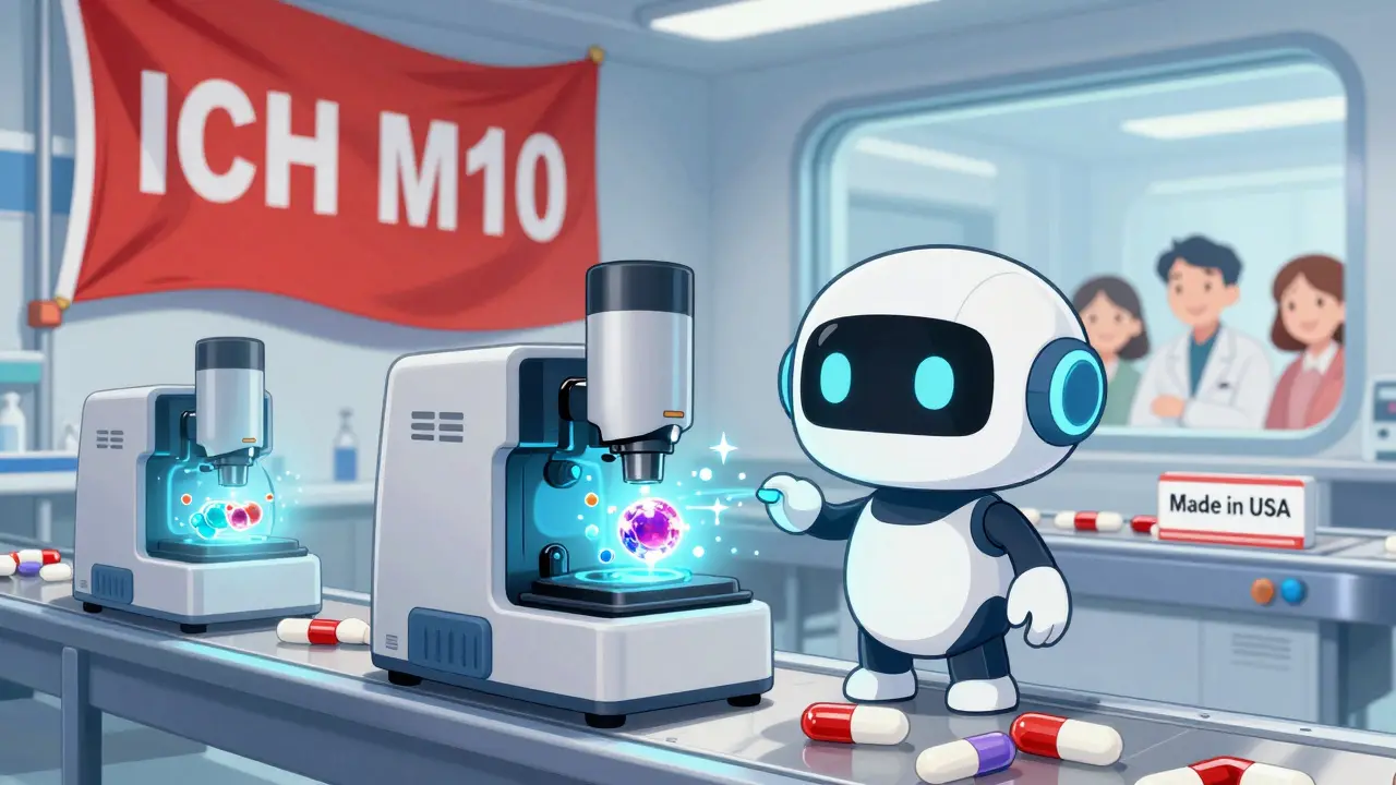 Robot scientists analyzing drug particles with advanced imaging tech