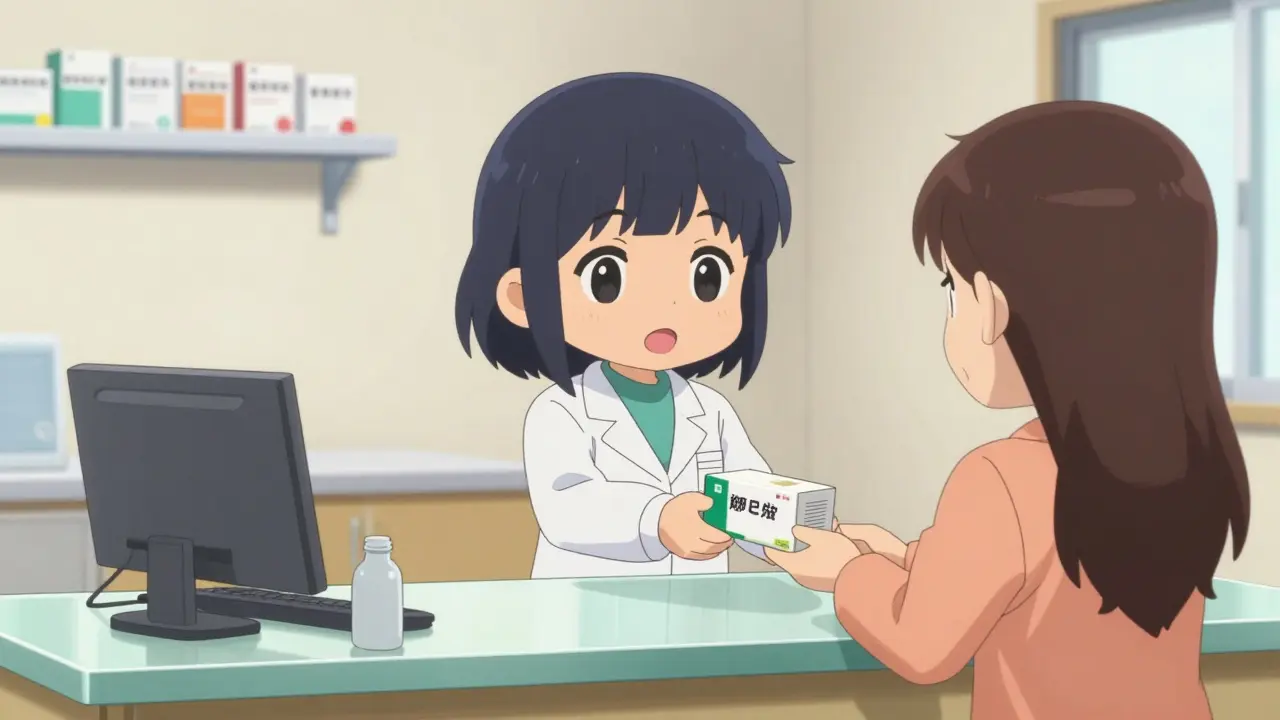 Smiling pharmacist giving medicine to a patient safely.