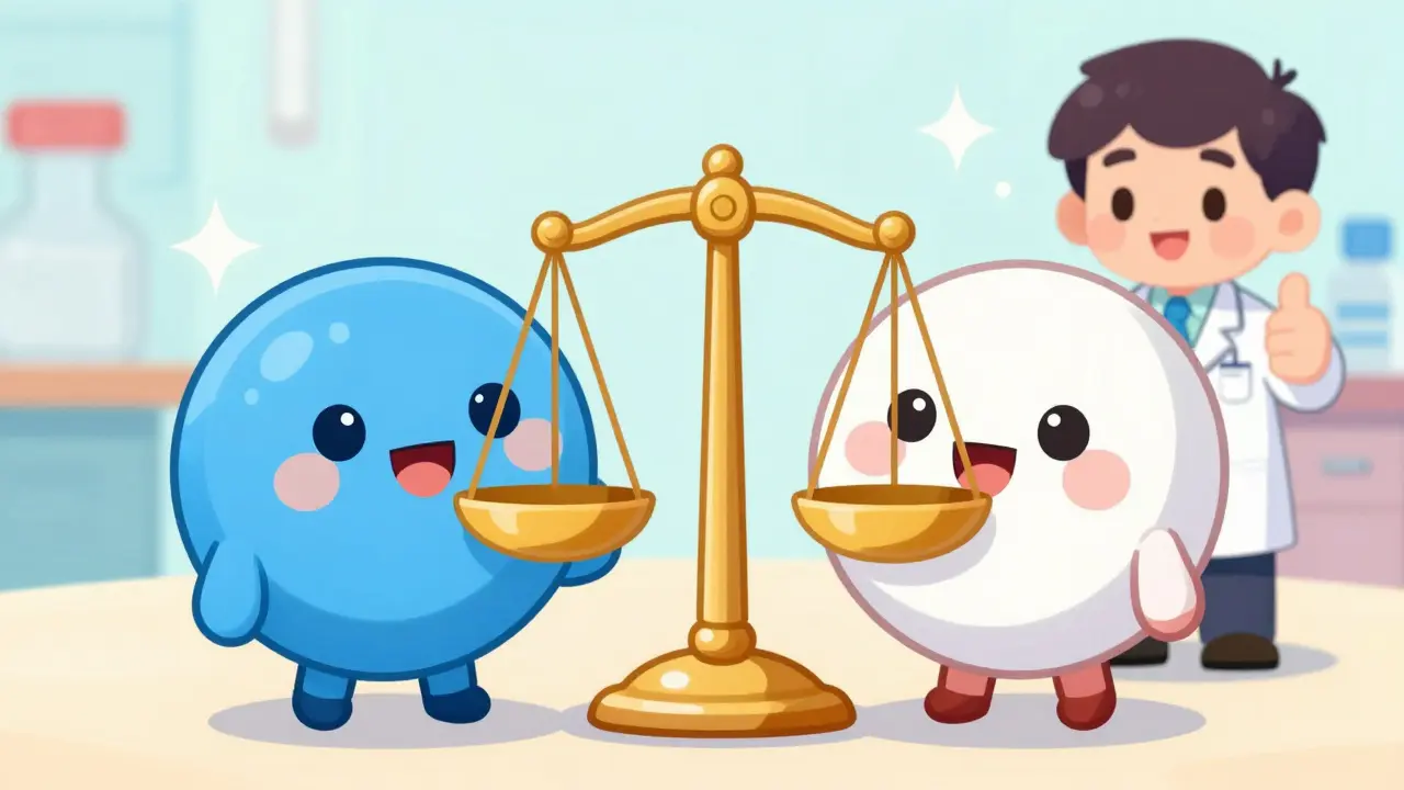 Two chibi pills on a balanced scale with a pharmacist giving a thumbs up in background.