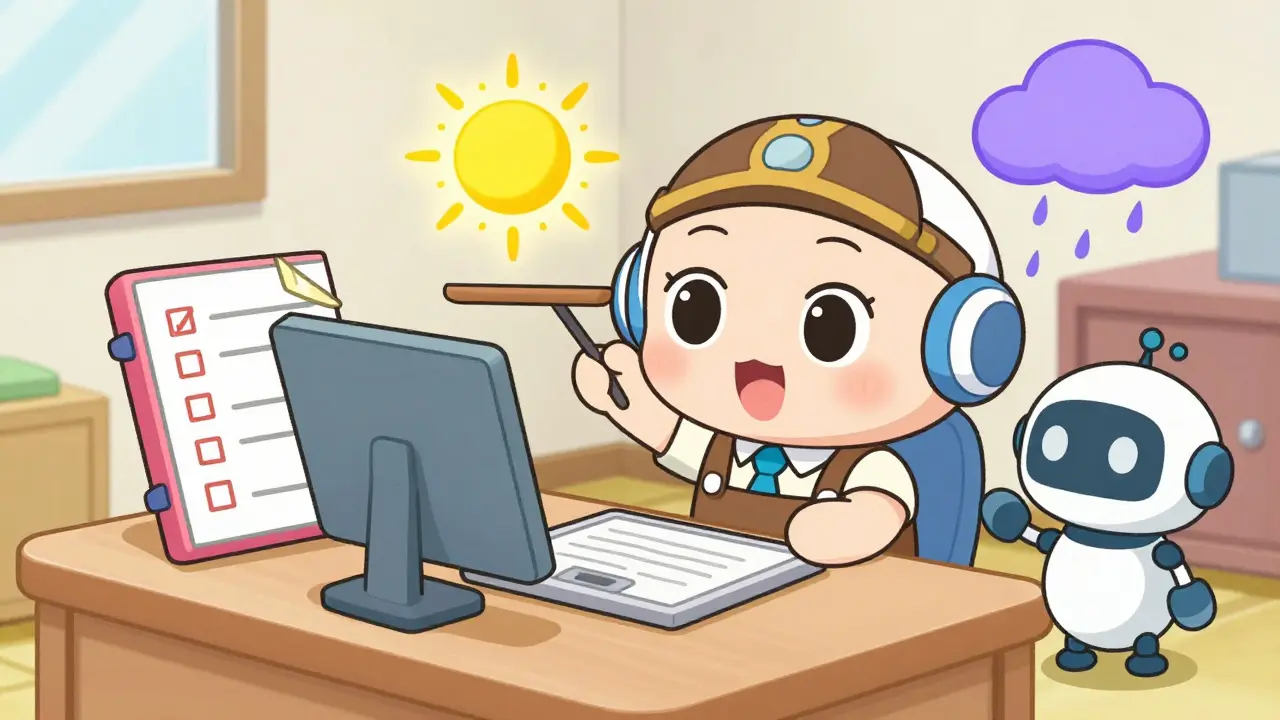 Chibi character at a desk balancing a sun and a rain cloud with a robot assistant.