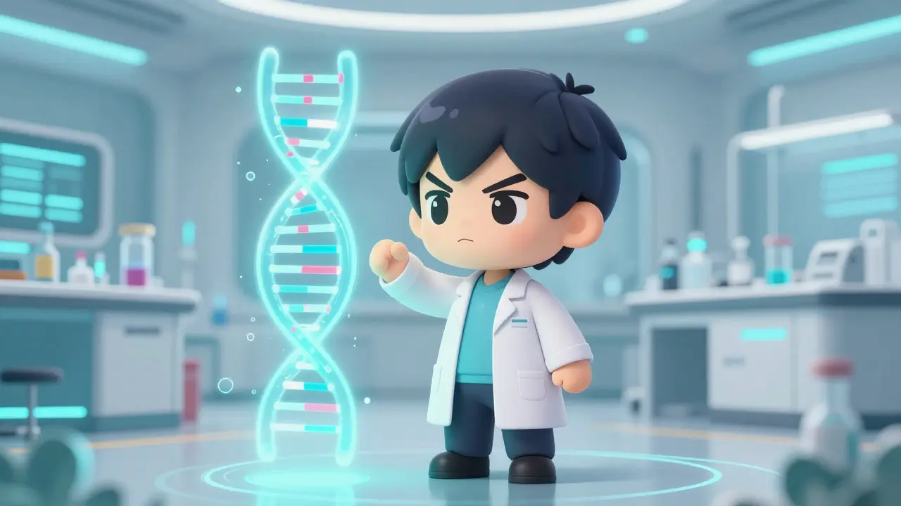 Chibi character in a white lab coat examining a holographic DNA strand in a futuristic lab.