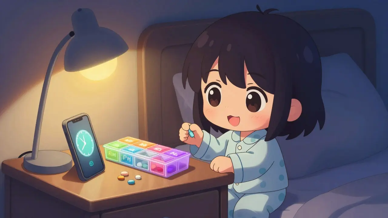 Chibi character in pajamas using a pill organizer and phone alarm to take evening supplements.