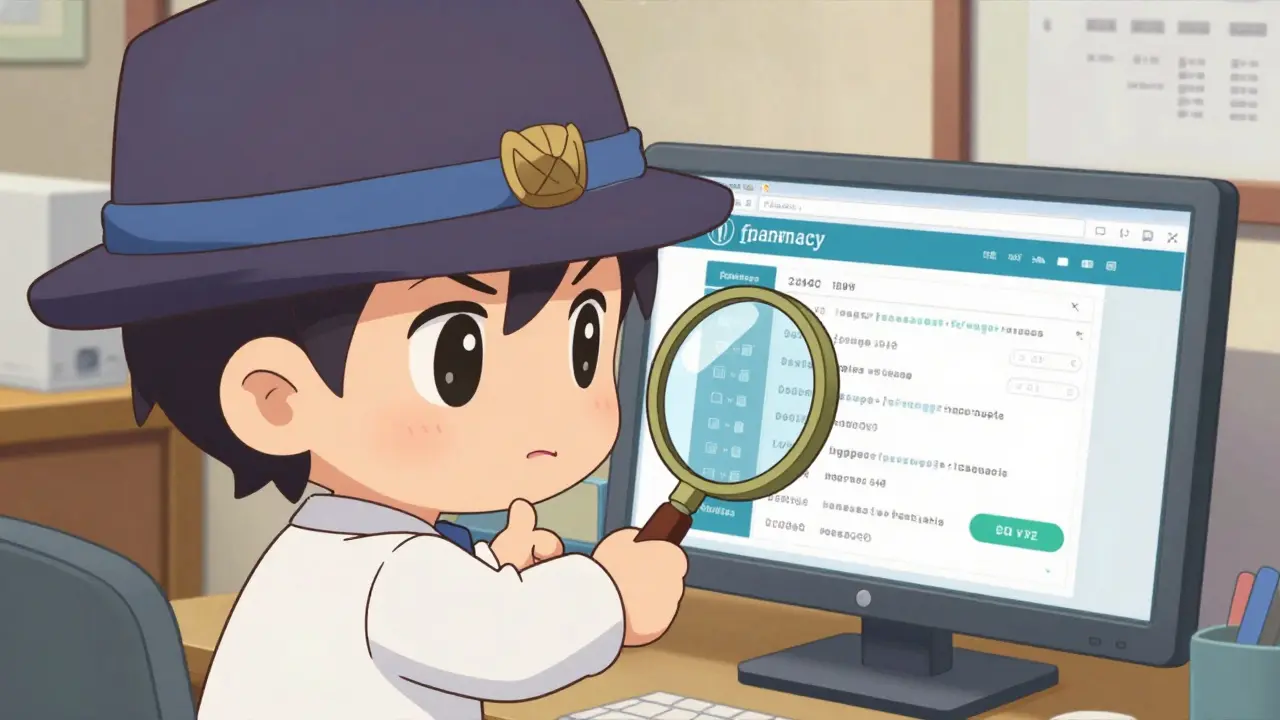 Chibi detective carefully checking a licensed online pharmacy website for safety