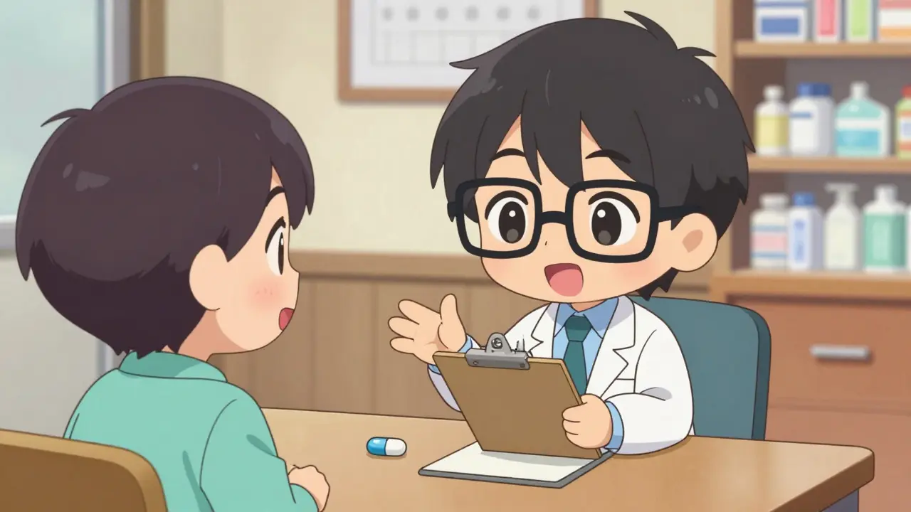 Chibi doctor and patient discussing the benefits of a combination drug in a medical office.