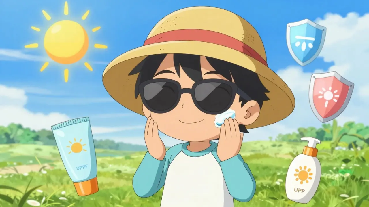 Chibi person wearing sun-protective hat and clothes applying sunscreen outside.