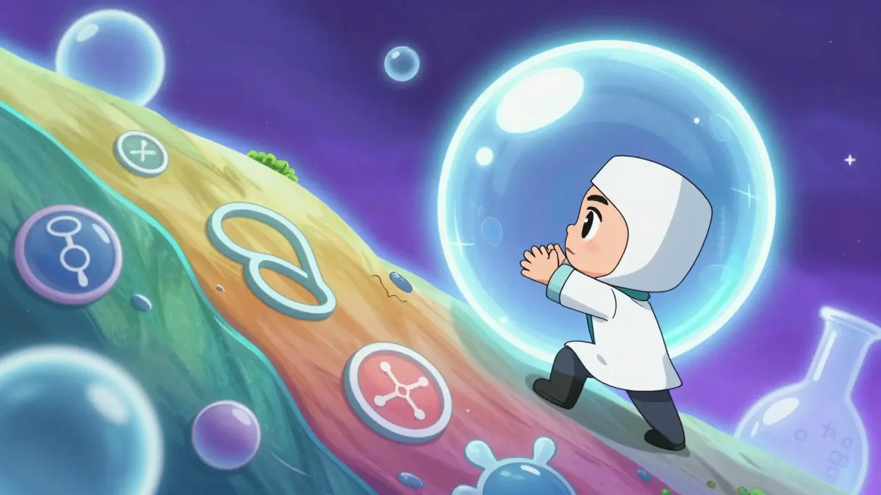 Chibi scientist pushing a giant glowing liposome bubble up a steep hill.