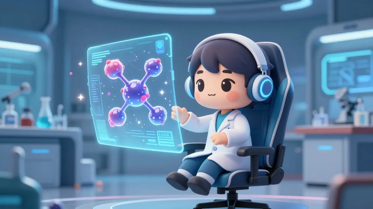 Chibi scientist using a holographic AI simulation to design a molecule.