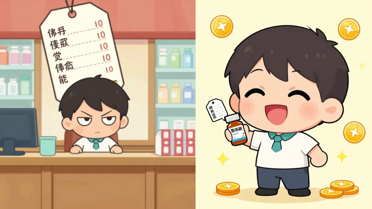 Comparison of a character at a pricey pharmacy versus a happy character with cheap generic medicine