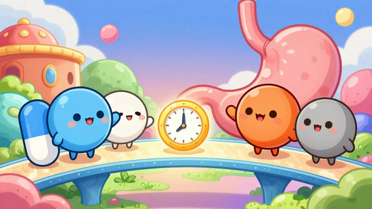 Conceptual chibi art showing thyroid medication and minerals separated by a 4-hour time gap.