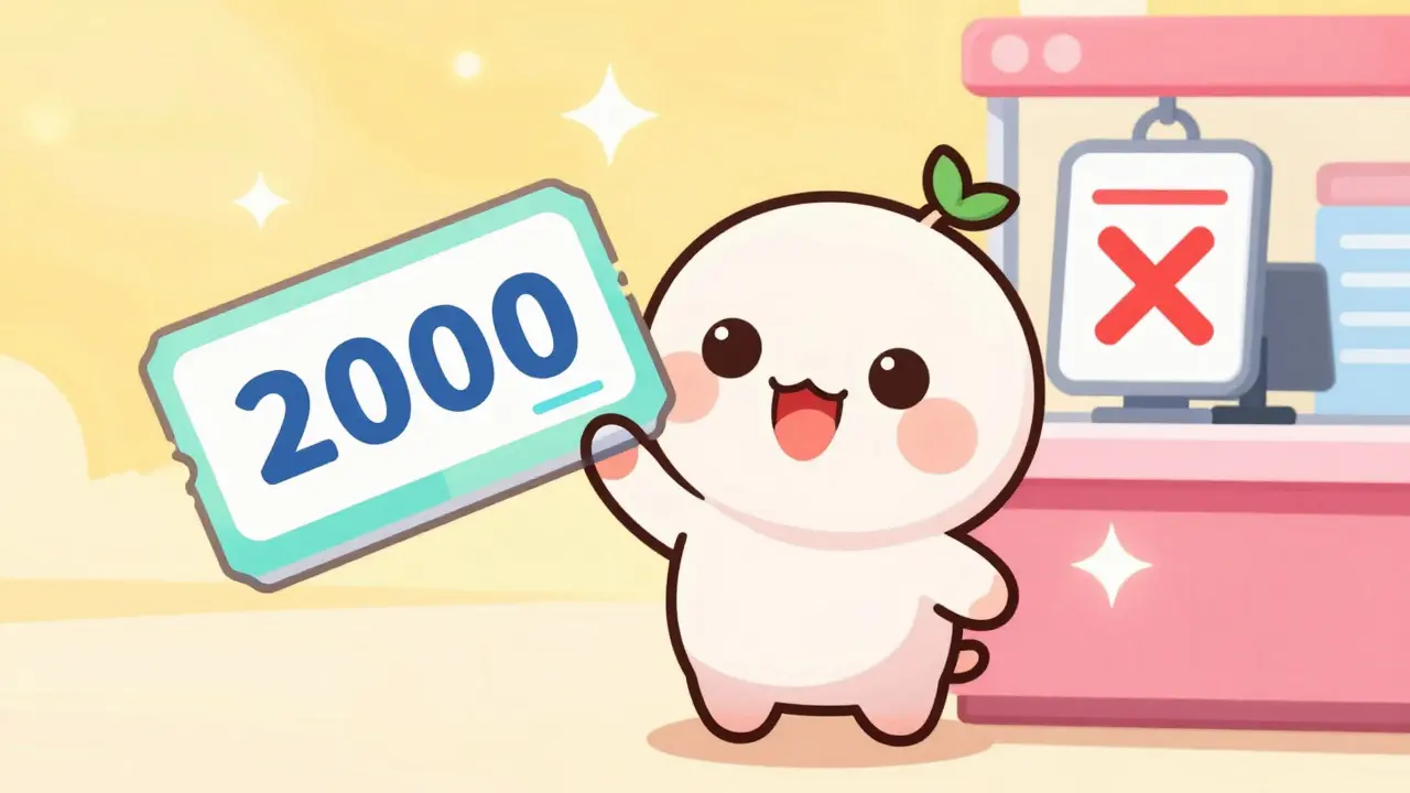 Cute chibi character celebrating with a large discount coupon at a pharmacy.