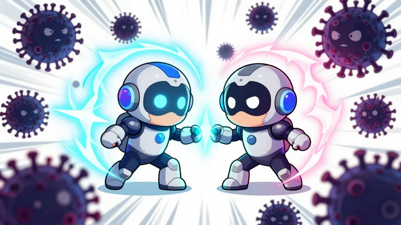 Two cute personified medicine characters joining forces to fight colorful virus monsters.